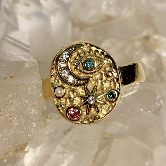 2/$20 ✨ 18k Gold Gemstone Celestial Ring Sz 7 & 8 Moon Star Anthropologie Style - Picture 2 of 13